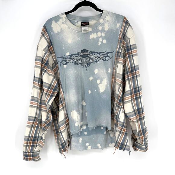 Harley-Davidson Tops - Harley Davidson Graphic Tee Flannel Upcycled Shirt XL Bleach Dye Handmade